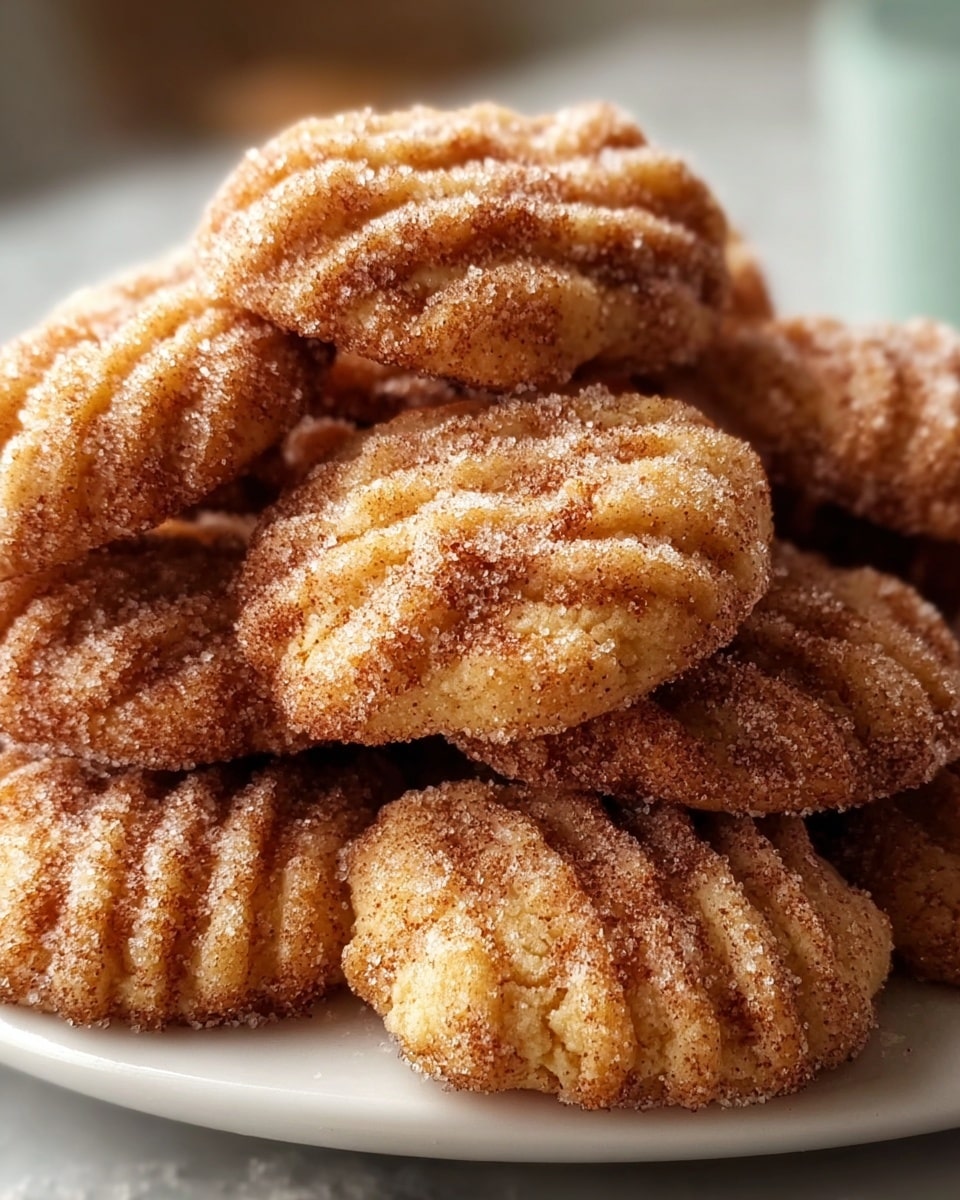 A close-up shot shows a pile of small, round cookies with a golden-brown color and visible ridges across each cookie. The cookies are covered in a mix of granulated sugar and cinnamon, giving them a sparkly, slightly rough texture. They are stacked unevenly on a white plate, and the white marbled surface beneath is just barely visible. The background is softly blurred, highlighting the warm tones and sugary coating of the cookies. photo taken with an iphone --ar 4:5 --v 7