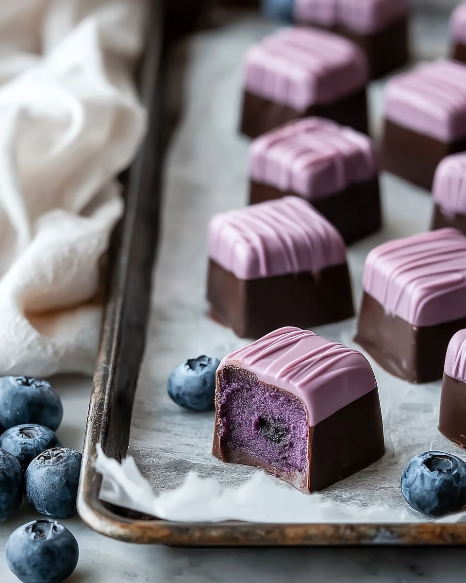 The image shows small square chocolates arranged in neat rows on parchment paper atop a baking tray. Each chocolate has two layers: a dark brown glossy bottom layer that forms a thick base, and a smooth light purple top layer with ridged lines running across it. One chocolate in the front is cut open, revealing a dense, textured purple filling inside. Scattered fresh blueberries are visible on the left side, placed on a white marbled textured surface next to a white cloth. The scene is softly lit, highlighting the rich colors and smooth textures of the chocolates. photo taken with an iphone --ar 4:5 --v 7