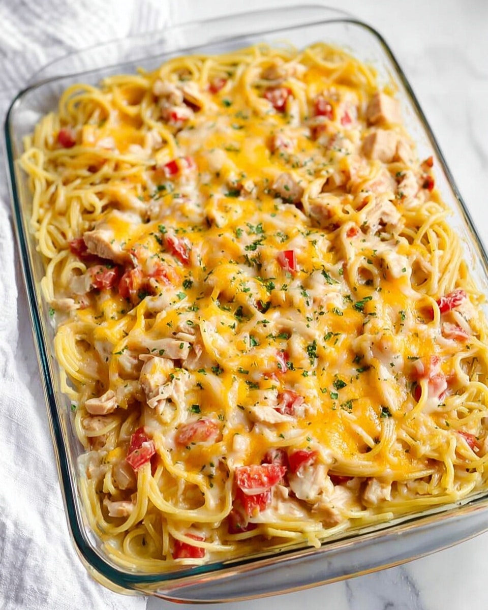 A clear glass baking dish filled with cooked spaghetti noodles as the bottom layer in soft yellow color, mixed with diced white chicken pieces and red tomato chunks evenly spread throughout. On top, there is a generous layer of melted cheese, mostly golden yellow cheddar and some white cheese, creating a bubbly, gooey texture. The whole dish is lightly sprinkled with finely chopped green herbs scattered over the cheese layer. The dish sits on a white marbled surface, with part of a white cloth visible to the side. photo taken with an iphone --ar 4:5 --v 7
