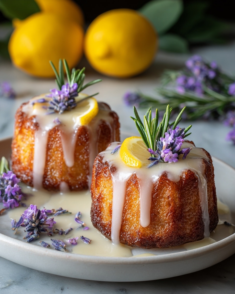 Two small round cakes with a golden-brown crust and vertical ridges are placed on a white plate. Each cake is topped with a drizzle of white glaze, a small piece of lemon, and a sprig of green rosemary along with tiny purple flower petals. Around the cakes on the plate, there are more small purple flowers, with two whole lemons and green leaves blurred in the white marbled background. The cakes have a moist and shiny texture from the glaze. Photo taken with an iphone --ar 4:5 --v 7