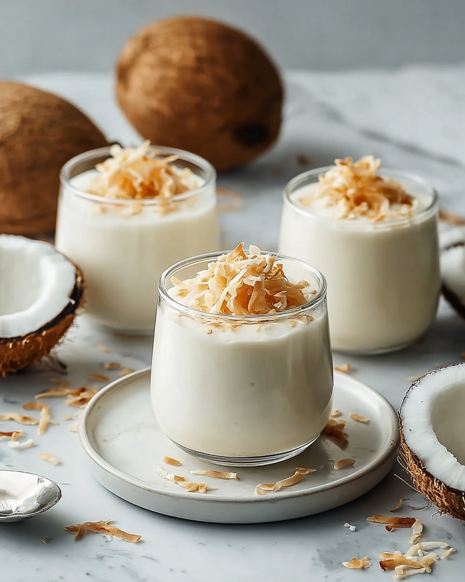 Three small clear glasses hold a creamy white pudding, each topped with a small pile of golden toasted coconut flakes. The glass in the foreground is set on a round white plate, while the other two sit directly on a white marbled surface. Around the glasses, there are whole brown coconuts and a halved coconut showing white flesh. Some toasted coconut flakes are scattered lightly on the white marbled surface near the front glass. The image has soft natural light and a clean, simple background. photo taken with an iphone --ar 4:5 --v 7