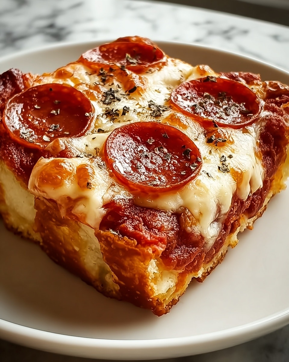 A close-up view of a square slice of thick pepperoni pizza on a white plate set on a white marbled surface. The bottom layer is a thick golden brown crust with a chewy texture and some bubbling on the edges. Above the crust is a rich, dark red tomato sauce layer visible around the edges. The top layer is melted, gooey mozzarella cheese, slightly browned in spots with stretches of cheese visible. Three round, glossy pepperoni slices with a shiny oily texture are spread across the surface. Small black herbs are sprinkled over the cheese. The pizza slice looks fresh and hot with the cheese pulling slightly away from the crust. Photo taken with an iphone --ar 4:5 --v 7