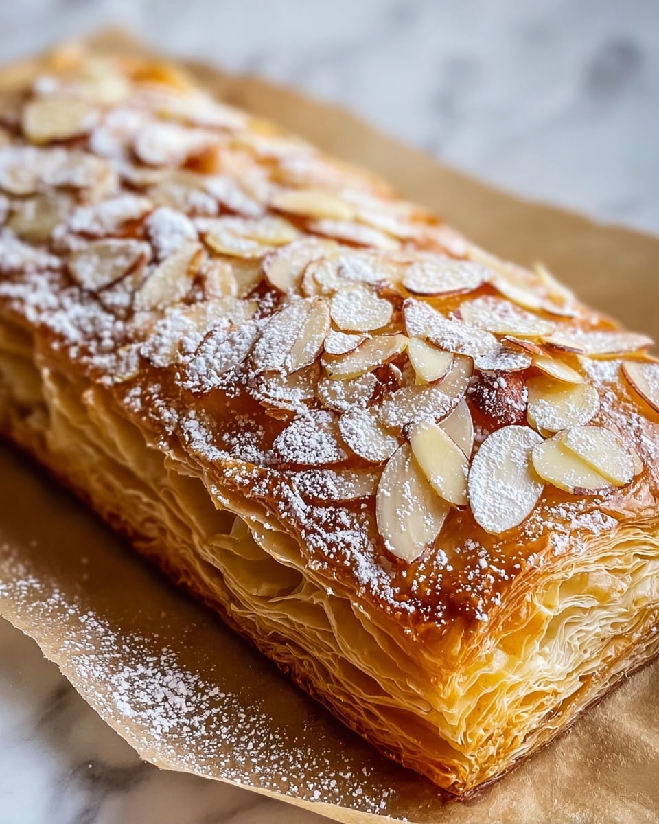 The image shows a close-up of a rectangular almond pastry with many thin, golden-brown layers of flaky dough visible on the side. The top layer is glossy and covered with sliced almonds, some browned slightly, and a light dusting of white powdered sugar giving texture and sparkle. The pastry rests on a piece of parchment paper placed on a white marbled surface. photo taken with an iphone --ar 4:5 --v 7
