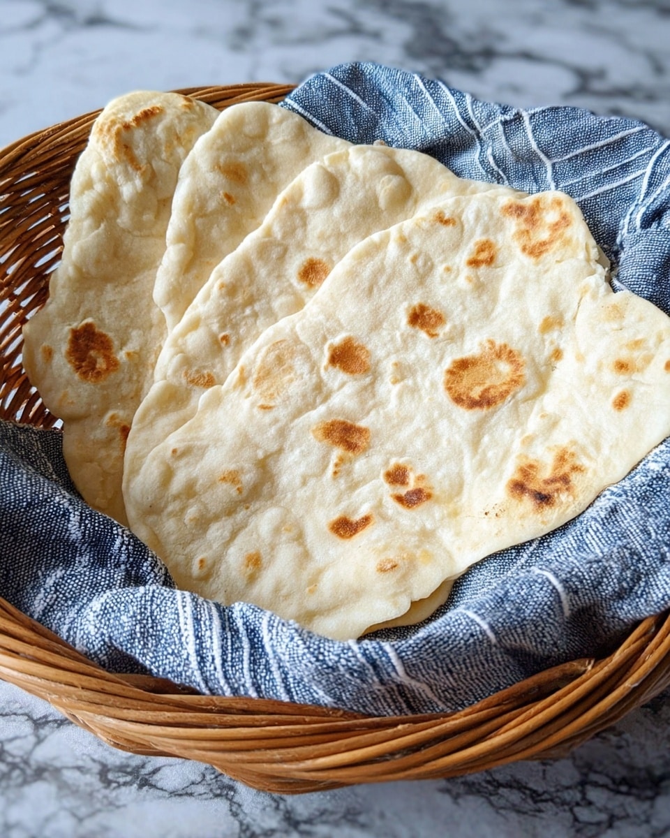 Three large pieces of flatbread with a pale, creamy color and light golden brown spots, showing a soft and slightly puffy texture, are stacked irregularly in a round wicker basket. The basket is lined with a blue and white striped cloth that partly covers the flatbreads and hangs over the basket edge. The background is a white marbled texture. photo taken with an iphone --ar 4:5 --v 7