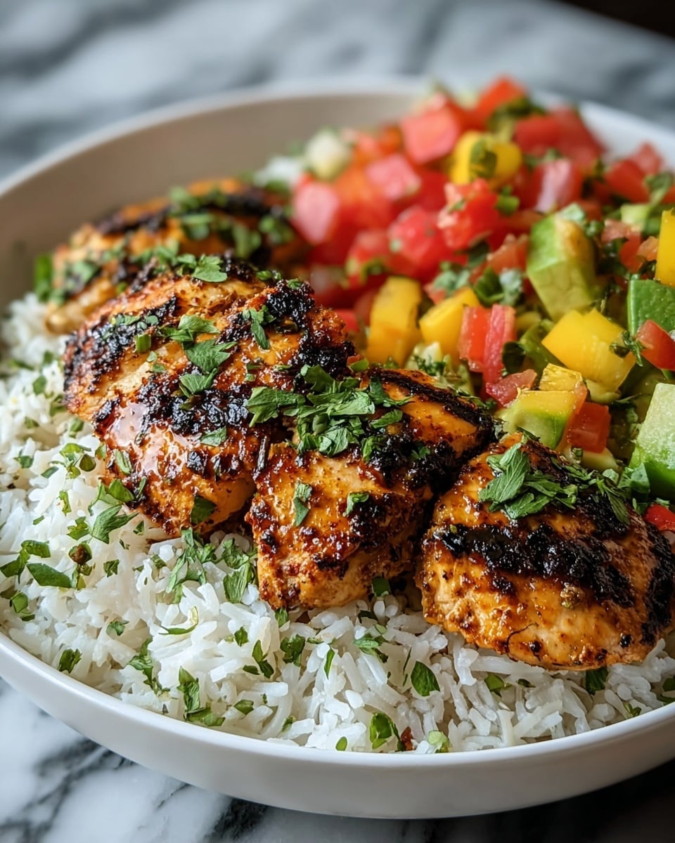 A white bowl holds a layered dish starting with a base of fluffy white rice sprinkled lightly with small green herb pieces. On top of the rice are three pieces of grilled chicken with a golden-brown color and charred black grill marks, garnished with fresh chopped green herbs. Behind the chicken, diced vegetables in bright colors of red, yellow, and green add a fresh and vibrant touch. The bowl sits on a surface with a white marbled texture. photo taken with an iphone --ar 4:5 --v 7