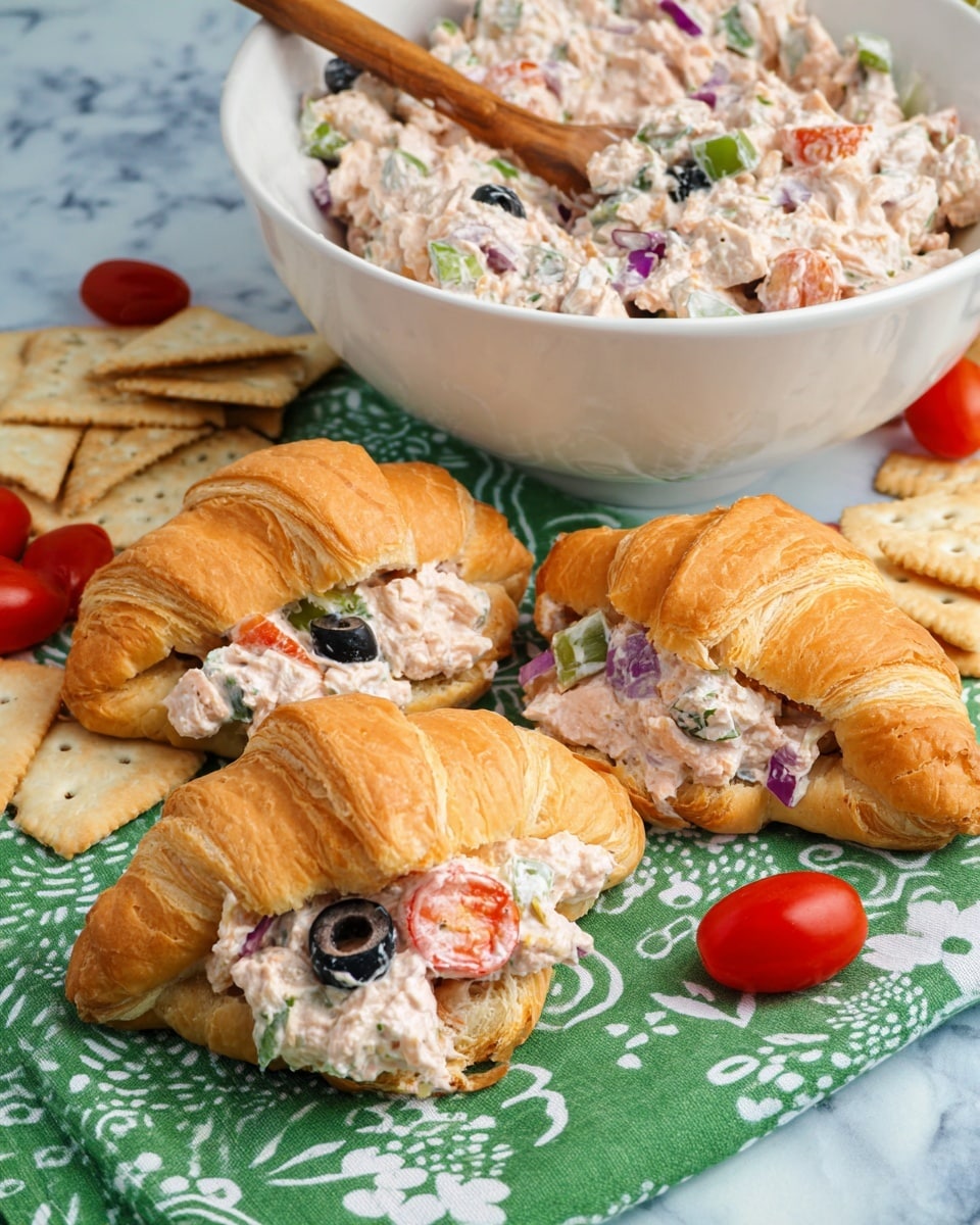 The image shows three golden-brown croissant sandwiches filled with a creamy salmon salad mixture that contains visible slices of black olives, red onion pieces, cherry tomato halves, and green capers. Each croissant is flaky and slightly open in the middle, revealing the chunky, pale pink filling with colorful vegetable bits. Behind the croissants, there is a large white bowl filled with the same salmon salad, with a wooden spoon resting inside. The croissants and bowl are placed on a green cloth with white circular patterns, surrounded by triangular light-brown sandwich crackers and small bright red cherry tomatoes. The entire scene is set on a white marbled surface. Photo taken with an iphone --ar 4:5 --v 7