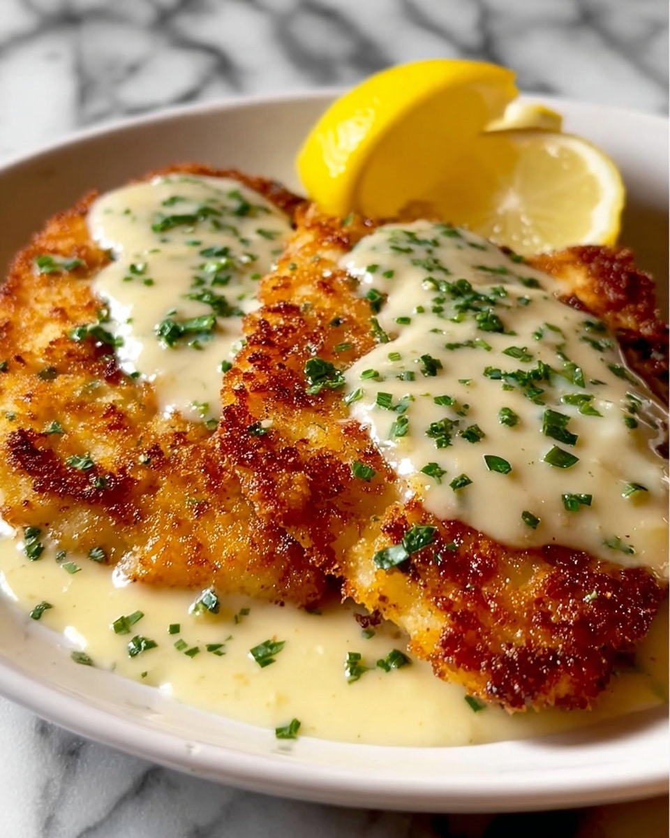 The image shows two golden, crispy fried fish fillets on a white plate. Each fillet is topped with a smooth, creamy white sauce sprinkled evenly with small, fresh green herbs. A bright yellow lemon wedge sits behind the fish, adding a pop of color. The fish has a crunchy texture with visible browned spots, and the sauce looks rich, slightly thick, and glossy. The background features a white marbled surface that adds a clean, elegant feel to the setting. Photo taken with an iphone --ar 4:5 --v 7