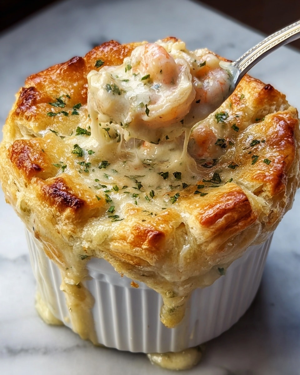 A white ramekin filled with a creamy, light beige shrimp pot pie topped with a puff pastry crust that is golden brown and slightly crispy, with some areas toasted darker; the crust is puffed up and covers the entire top with uneven, flaky edges. The top layer has green herb sprinkles scattered lightly. The creamy shrimp filling is thick and speckled with herbs, visible as a portion is lifted, showing pieces of pink shrimp and melted cheese stretching in strings. The ramekin sits on a white marbled surface. photo taken with an iphone --ar 4:5 --v 7