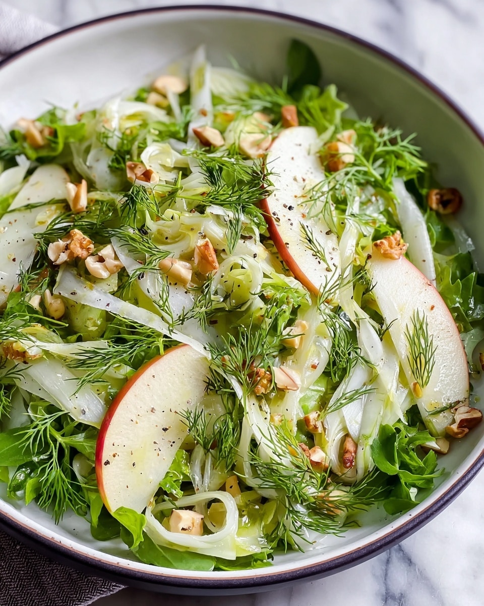 A bowl of fresh green salad with a mix of thin green, curly fennel fronds and light green shredded fennel stalks forming the base layer. Thin slices of red-skinned apple and yellow-skinned pear are scattered throughout, adding a soft contrast in both color and texture. Light, thin shavings of white cheese are spread on top, giving a slightly rough texture with a mild shine. Small pieces of reddish crushed nuts or seasoning are sprinkled across the salad, adding tiny pops of warm color. The salad is in a white bowl set on a white marbled surface with a faint grey cloth partially visible beneath the bowl. Photo taken with an iphone --ar 4:5 --v 7