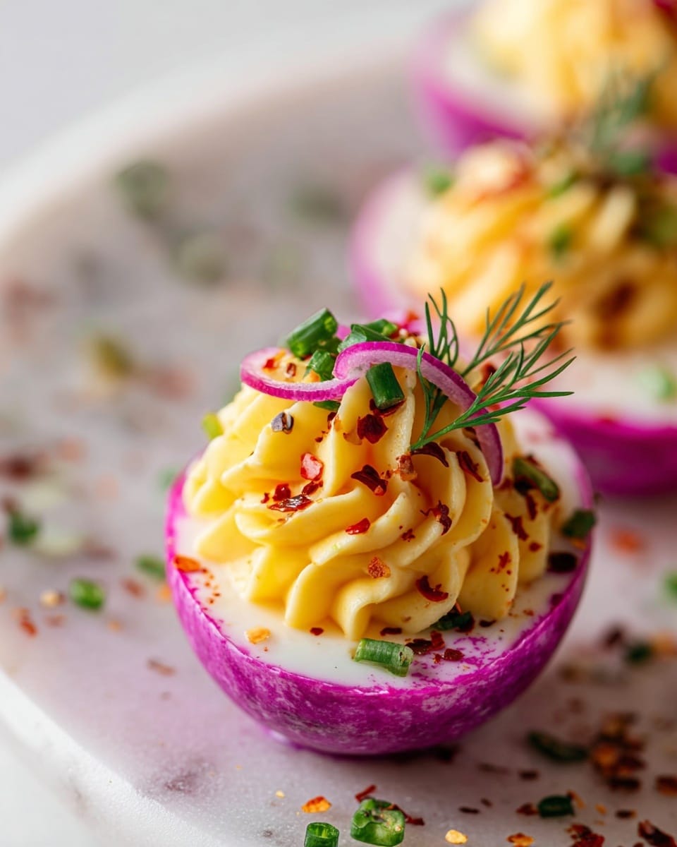 A close-up image of a deviled egg with a vibrant purple-pink outer layer and a smooth white inner layer. The filling is creamy and bright yellow, piped in a swirled pattern on top of the egg white. The top is sprinkled with red chili flakes and small green chives, finished with a small sprig of fresh green dill and a tiny ring of pickled red onion. The egg sits on a white plate with a white marbled texture surface, scattered with small bits of green herbs and spices around it. Photo taken with an iphone --ar 4:5 --v 7
