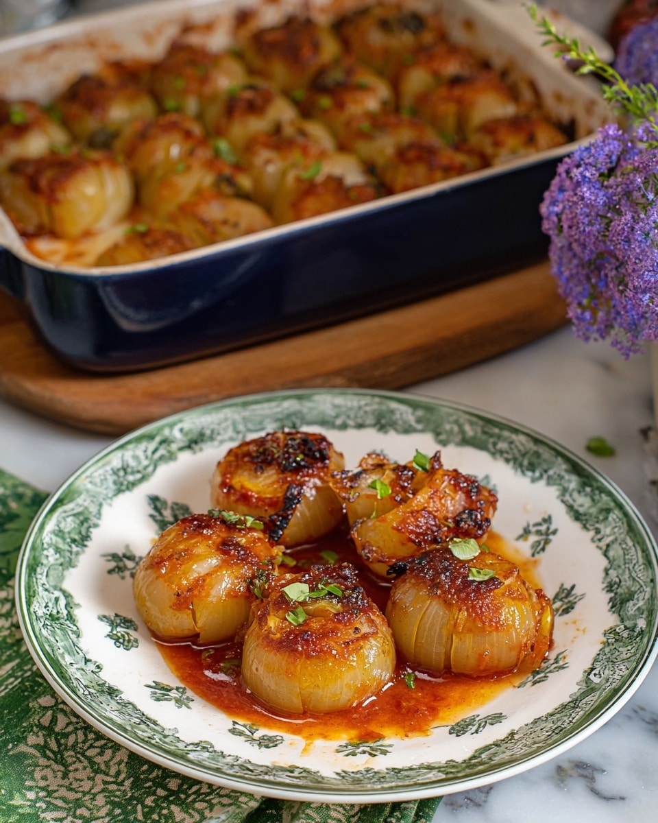 The image shows a white plate with a green leaf pattern on the rim holding four stuffed onion halves, each golden-brown with slight charring and glazed with reddish tomato sauce that pools around the base; the onions are soft and appear tender with small green herb bits sprinkled on top. Behind the plate, there is a dark blue baking dish filled with similar stuffed onions arranged in neat rows, coated in tomato sauce and garnished with herbs. The plate sits on a wooden board, placed on a white marbled surface with a green patterned cloth and purple flowers to the right side, adding a rustic touch. photo taken with an iphone --ar 4:5 --v 7