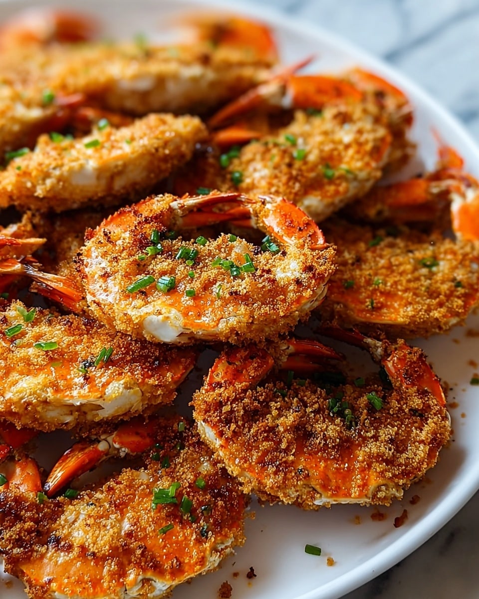 A close-up of many fried crab halves arranged closely on a white plate, each crab half showing a thick, golden-brown crust with a rough, crispy texture, lightly speckled with small green chopped herbs on top; the orange crab shells peek out slightly beneath the crusted layer, adding a splash of vibrant color, all placed on a white marbled surface. photo taken with an iphone --ar 4:5 --v 7