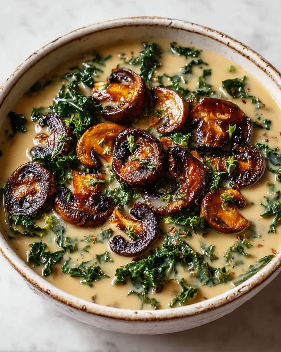 This image shows a creamy soup served in a white, slightly worn bowl, placed on a white marbled surface. The soup has a light beige creamy base, filled with bright green kale leaves scattered throughout. On top, there are about ten browned, sautéed mushroom slices, some whole and some halved, with a rich caramelized texture giving a dark brown color with hints of golden edges. Tiny flecks of herbs are mixed in, adding a touch of green and brown, creating a fresh and hearty look. photo taken with an iphone --ar 4:5 --v 7
