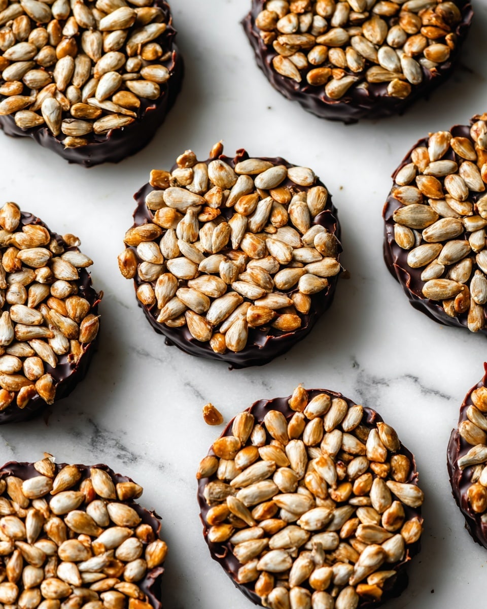The image shows several round seed clusters arranged evenly on a white marbled surface. Each piece has two layers: the top layer is tightly packed light brown and beige sunflower seeds with a glossy, roasted texture, and the bottom layer is a dark, smooth chocolate coating that slightly wraps around the edge, creating a dark border at the base. The seeds are close together giving a crunchy look, and the chocolate layer underneath adds a rich contrast to the light-colored seeds. photo taken with an iphone --ar 4:5 --v 7