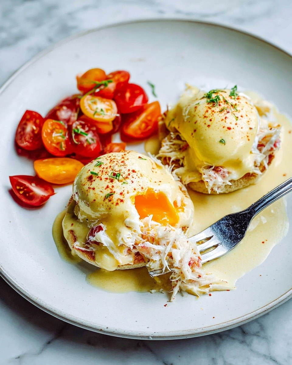 The dish shows two layered portions of eggs Benedict on a white plate with a white marbled surface underneath. Each portion has a base of toasted English muffin topped with shredded white crab meat, a light golden-yellow poached egg, and creamy yellow hollandaise sauce with a smooth texture, sprinkled with small red and green spices. On the left side, there is a small pile of sliced colorful tomatoes in shades of red, orange, and yellow, topped lightly with green herbs. A silver fork is cutting into one portion, revealing the soft yolk inside. Photo taken with an iphone --ar 4:5 --v 7
