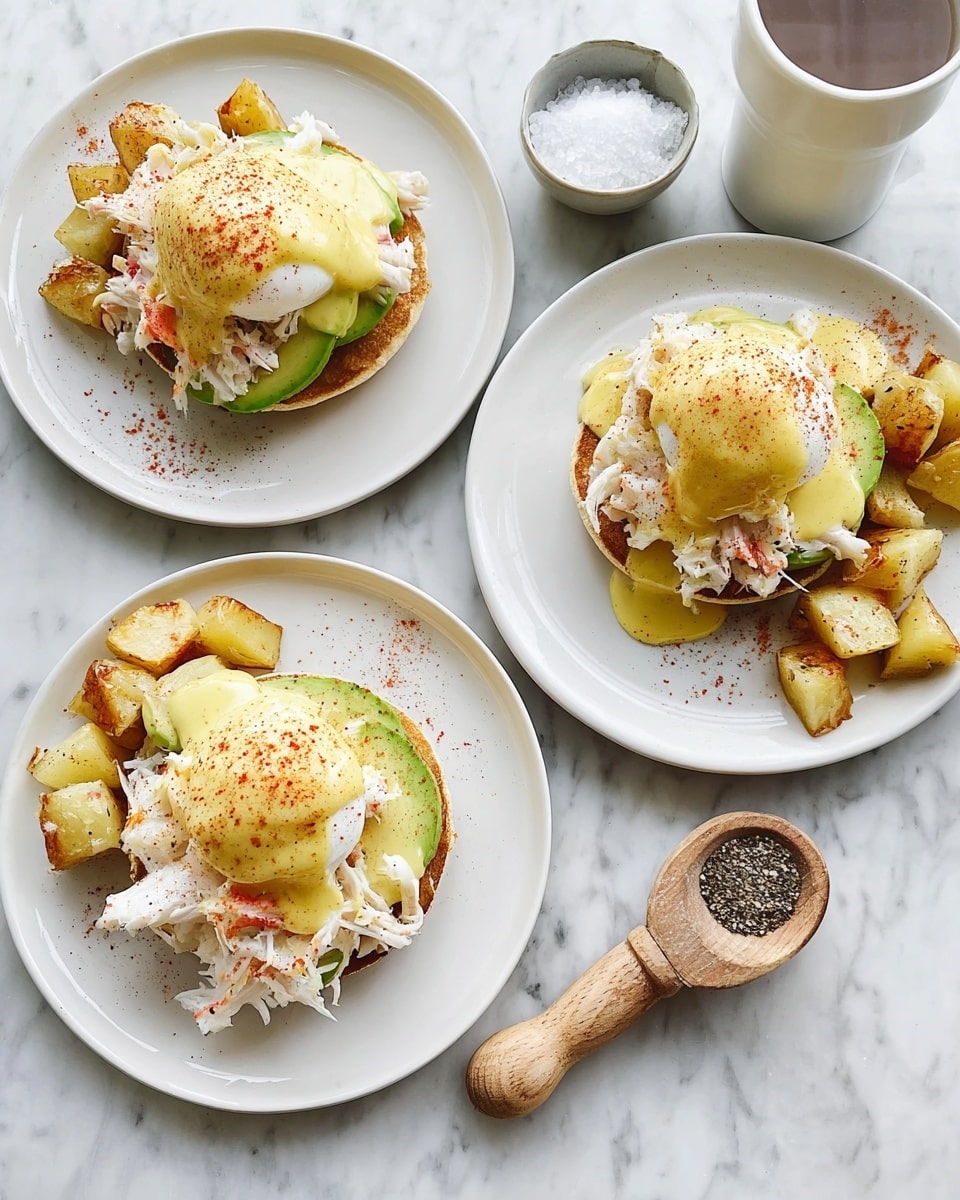 Three white plates each have two stacked layers of toasted english muffin halves at the bottom, topped with green avocado slices, white poached eggs, and shredded white crab meat. A pale yellow hollandaise sauce covers the eggs and crab, sprinkled with reddish paprika and black pepper. Each plate has a small side of golden brown, cubed, cooked potatoes. Next to the plates are two small white bowls, one filled with coarse white salt and a wooden measuring spoon, the other with ground black pepper. The scene is set on a white marbled surface. photo taken with an iphone --ar 4:5 --v 7