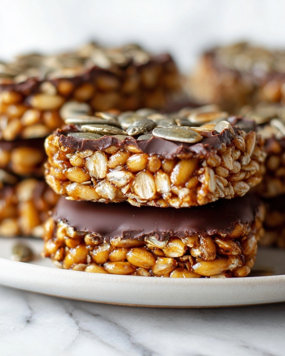 The image shows a close-up view of round seed bars stacked on top of each other on a white plate, placed on a white marbled surface. Each bar has two layers: the top layer is made of golden roasted sunflower seeds tightly packed with a shiny, slightly sticky texture, while the bottom layer is a smooth, dark brown chocolate coating that forms a base and slightly drips onto the plate. The bars' edges show a mix of seeds a bit unevenly set in the chocolate, adding a natural look. Photo taken with an iphone --ar 4:5 --v 7