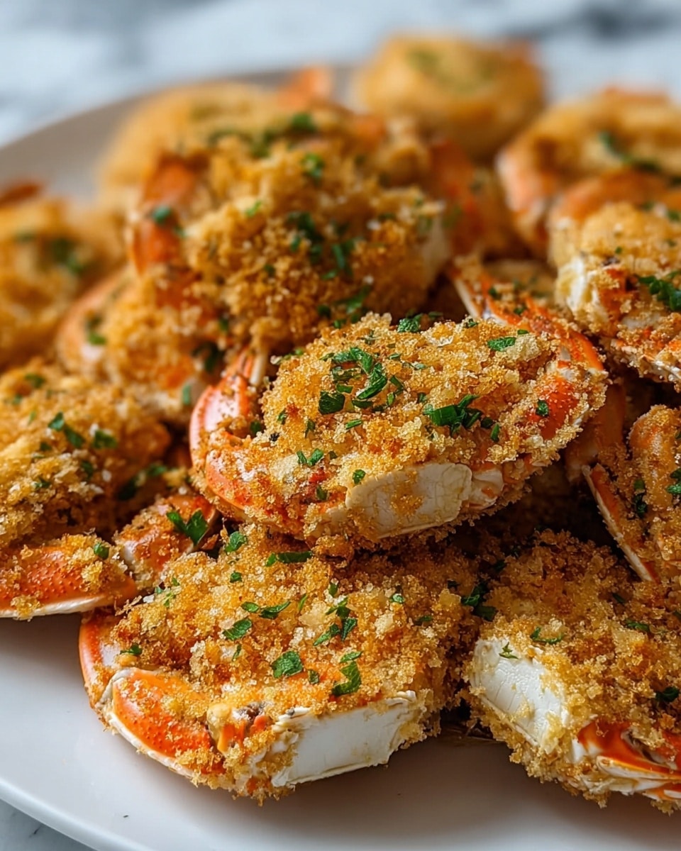 The image shows a close-up of many crab halves, each covered with a crunchy golden crumb layer on top. The top layer is rough and textured with some small green chopped herbs scattered on it. The white and orange crab shells underneath the crumb layer are slightly visible on the sides. The crab pieces are piled closely together on a white plate against a white marbled surface in the background. photo taken with an iphone --ar 4:5 --v 7