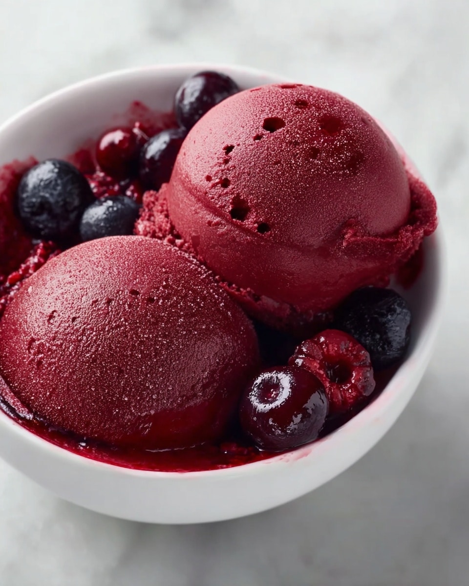 The image shows two large scoops of dark red berry sorbet with a smooth and slightly icy texture, resting in a white bowl. The sorbet has tiny air holes on the surface and a shiny, wet look, indicating it is fresh and cold. Around the sorbet, there are whole small berries of different colors — deep purple and red — which add contrast. A bit of the red sorbet has melted slightly on the edge of the bowl, blending with the berries. The white bowl sits on a white marbled surface. Photo taken with an iphone --ar 4:5 --v 7