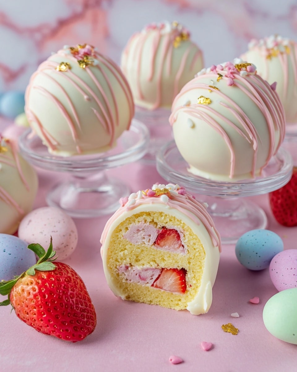 The image shows round dessert balls covered in smooth white chocolate with thin pink drizzle and tiny gold and pink sprinkles on top, each resting in a pastel pink paper cup. One ball is cut in half in front, revealing layers inside: a white creamy top with whole red strawberries embedded, a middle pink cream layer, and a bottom crumbly golden crust. The dessert balls are arranged on a pastel pink cake stand with other similar balls and decorations nearby, all set against a soft blue background with scattered pastel-colored candy eggs and fresh red strawberries. photo taken with an iphone --ar 4:5 --v 7